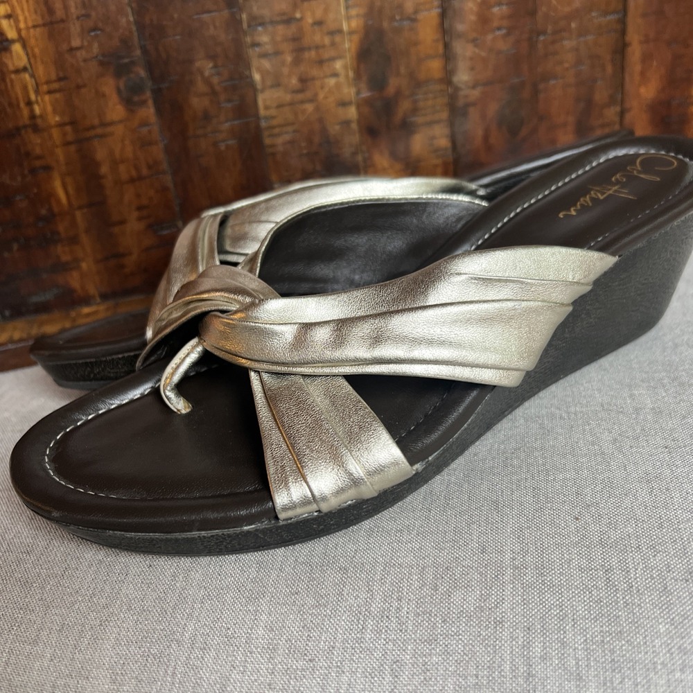 Cole Haan‎ Wedge Platform Sandals Women's 10 B Gold Bow Brown Air Soles Slip On